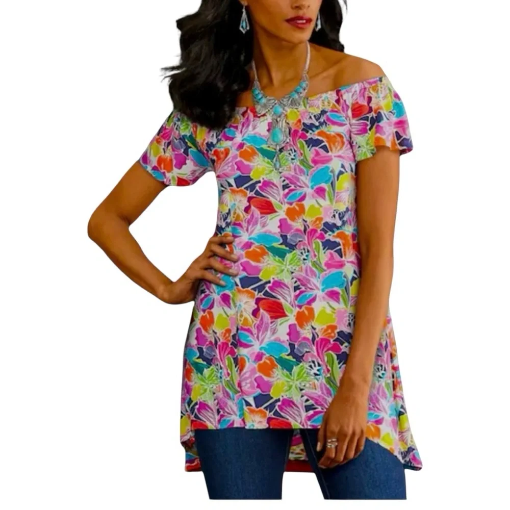 Midnight Velvet Tropical Floral High Low Tunic Casual Office Casual Knit Top - Picture 3 of 13